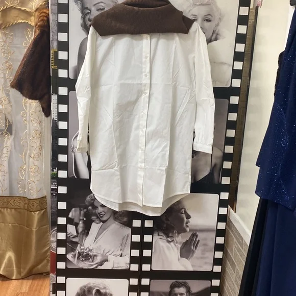 Hi-Low Brown Sweater Dress With White Shirt - Picture 5 of 10